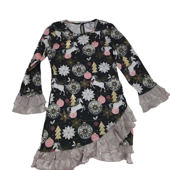 Counting Daisies Christmas Dress Size 10 Black Pink Horses,Ruffles, Trees - Picture 1 of 6